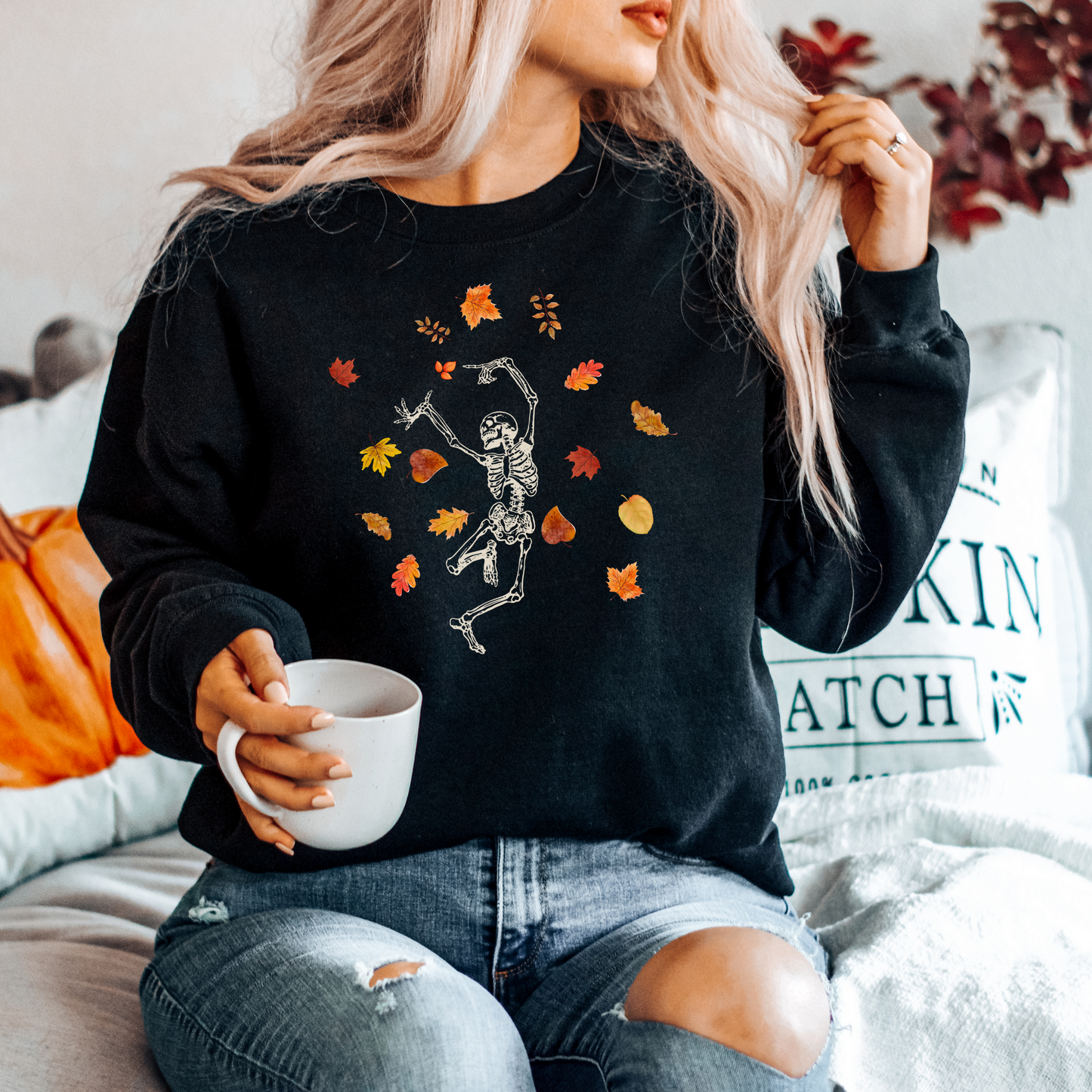 Skeleton Dancing in Fall Leaves | Halloween Crewneck