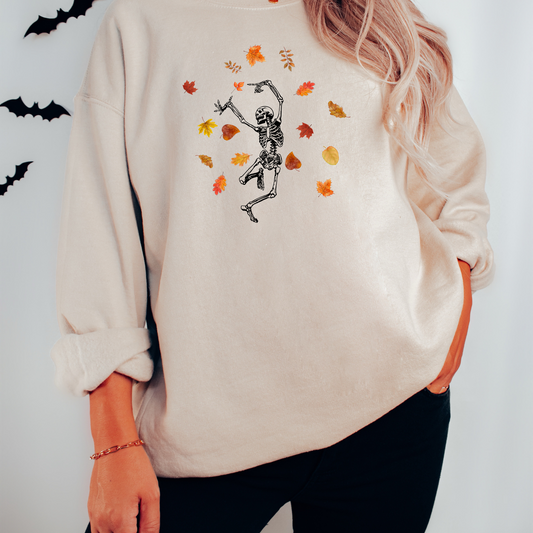 Skeleton Dancing in Fall Leaves | Halloween Crewneck