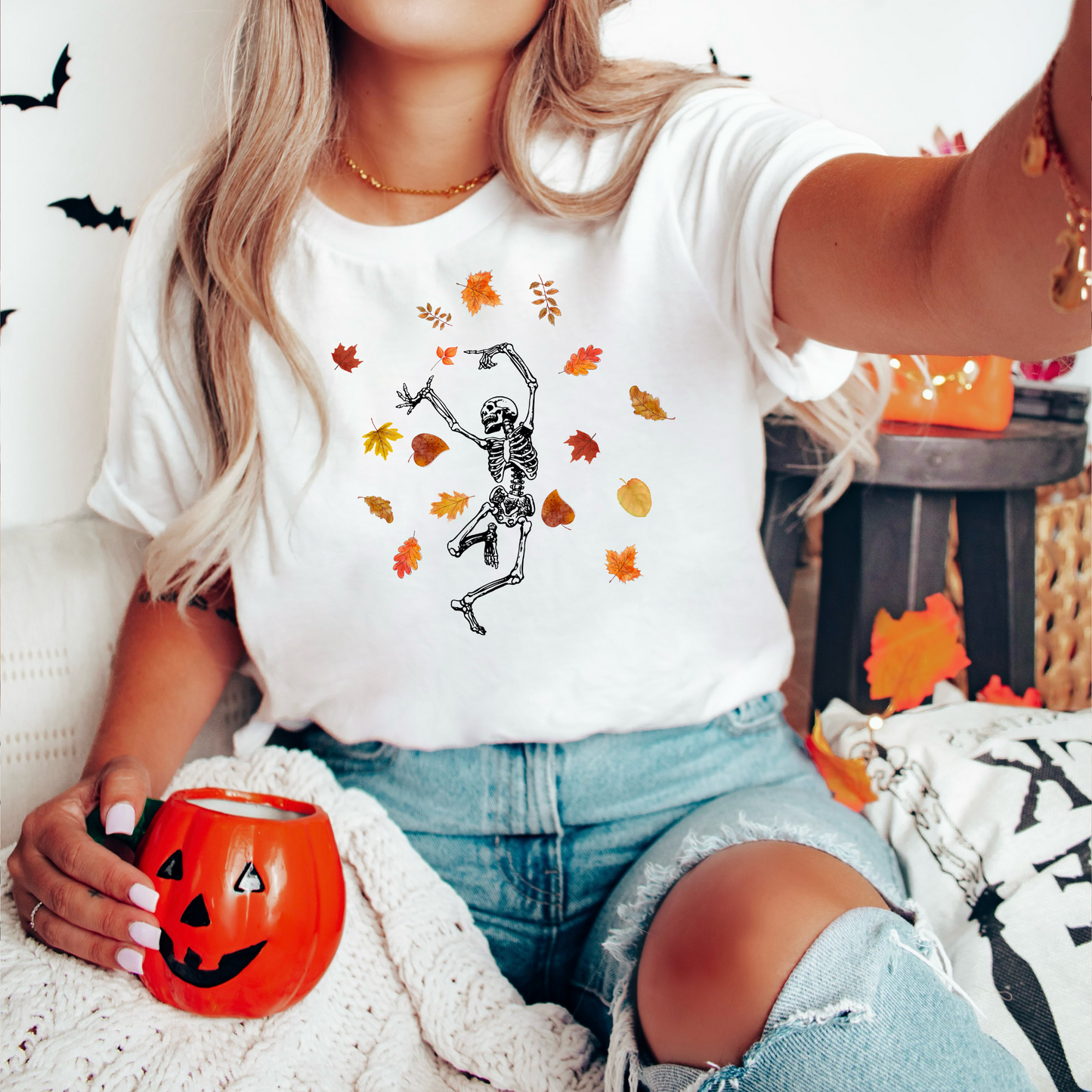 Skeleton Dancing in Fall Leaves | Halloween Tee Shirt