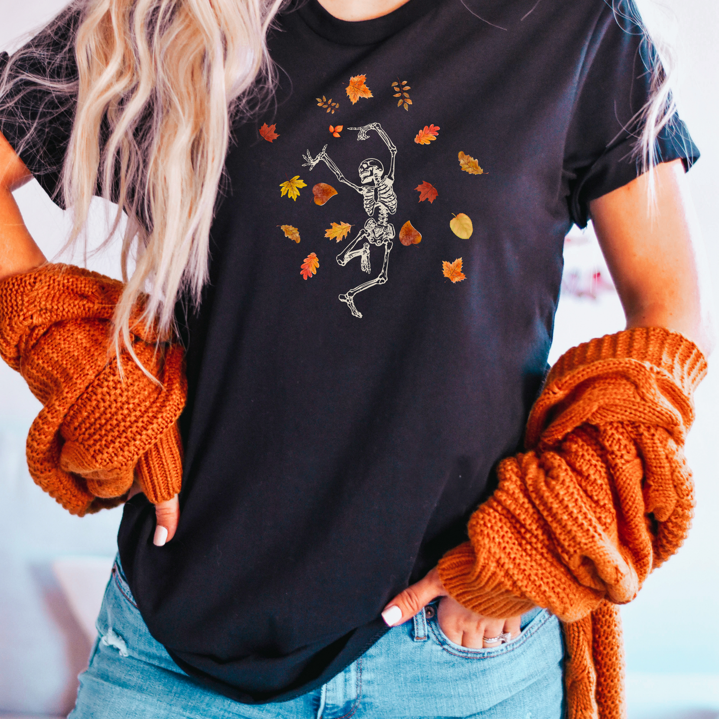 Skeleton Dancing in Fall Leaves | Halloween Tee Shirt