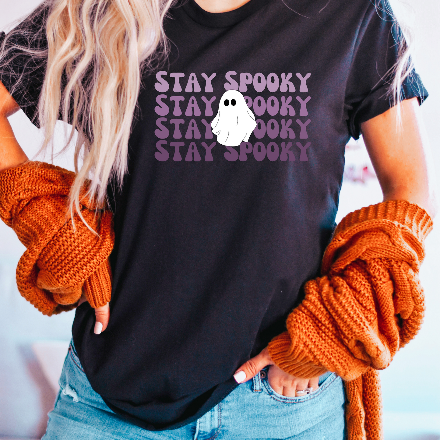 Stay Spooky Ghost Crewneck Tee Shirt l Halloween Apparel