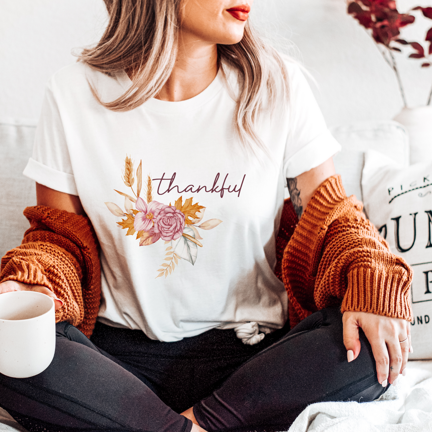 Thankful | Thanksgiving Floral Tee Shirt